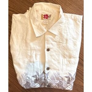 Hilo Hattie Mens Hawaiian Button Up Shirt L Cream‎ & Brown Floral 100% Silk Made